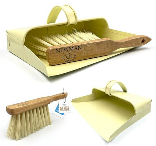 Cream Traditional Metal Dustpan and Brush Set with Wooden Handle and Soft Synthetic Bristles, Durable Strong Dustpan and Brush (Dustpan and Brush)