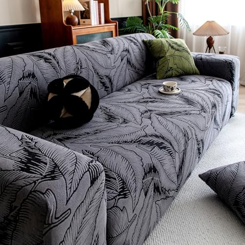 Odot Sofa Überzug 1/2/3/4/5 Sitzer Einfaches Blätter Druck, Universal Stretch Sofabezug, rutschfest Waschbare Couch Überzug, Elastischer Sofa Cover Mit Armlehnen Sofaschoner (Grau,2-Sitzer)