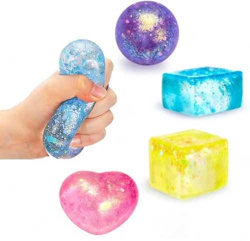 Juxtaposia Glitzernder Anti-Stress-Ball Set - 4er-Pack, Kugel, Würfel, Herz, Quetschball, Sensory-Spielzeug für Alle Altersgruppen, ideal gegen Angst, Stressabbau, Fidget Toy