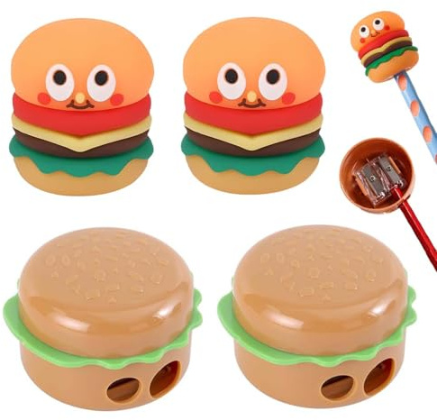 MKEAWWU Anspitzer Linkshänder Kinder, 4 Stück, Bleistiftroller Mit Niedlichem Burger-Muster, Kompakt Und Leicht, Gelb, Standardgröße