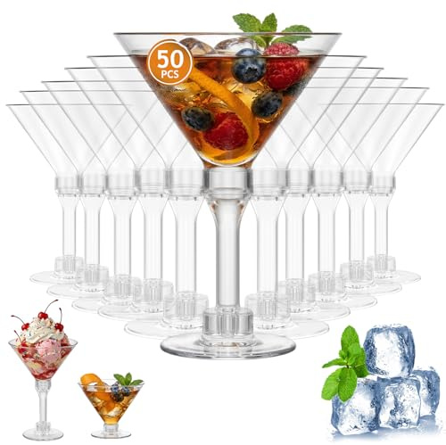 ATopoler 50 Pcs Reusable Plastic Cocktail Glasses, 150ml Tall Cup, Shatterproof Cocktail Cups with with Detachable Stem for Wedding,Party,Birthday and Anniversary, BPA-Free