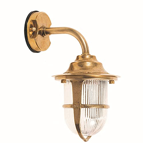 Licht-Erlebnisse Außenwandleuchte aus Messing Riffelglas maritim rostfrei IP64 Premium Außenlampe Hoflampe Antik