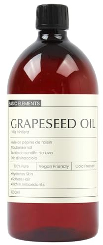 Basic Elements Organic Grapeseed Oil | 1000ml | 100% Pure & Natural Moisturiser for Skin & Hair | Perfect Massage Oil & Aromatherapy Base