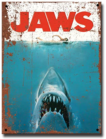 Jaws Film Rustic Metal Tin Sign Vintage Style Movie Picture Poster Merchandise for Cinema Room ideas or Funny Bathroom Hot Tub Home Cinema Accessories Man Cave Gift Gifts 20cm x 15cm