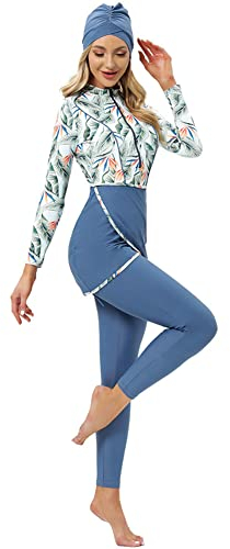 IMEKIS Damen Burkini Muslim Badeanzug Blume Bescheidene Bademode Islamisches Schwimmanzug Langarm Reißverschluss Badeoberteil mit Badehose Hijab 3tlg Tankini Set Hellblau S