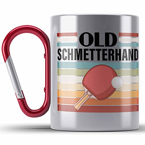 Trendation - Tischtennis Schmetterhand Edelstahl Tasse Karabiner Geschenk Tischtennisspieler Geschenkidee Lustig für Männer Tischtennis Zubehör (Rot)
