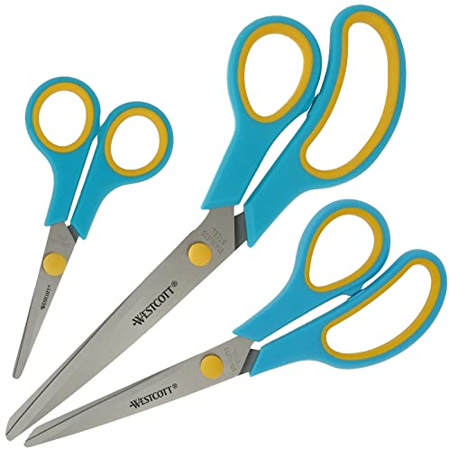Westcott Easy Grip Scissors 3 pezzi Turchese | Set di 3 forbici universali con impugnatura confortevole | Lama in acciaio inox extra affilata e resistente | Forbici per casa e ufficio | N-90028 00