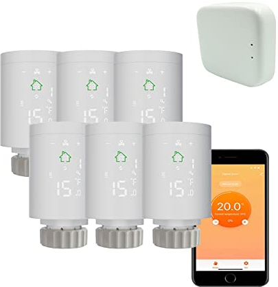 Qiumi Smart ZigBee 3.0 Thermostatheizkörper, programmierbares Ventil, Fernbedienung Sprachsteuerung und Alexa Anwendung 6+1