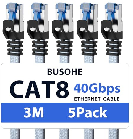BUSOHE Cat 8 Ethernet LAN Cable 3M (5 Pack), High Speed 40Gbps 2000MHz | Braided Flat Gigabit RJ45 FTP Shielded Internet Network Cord Compatible with PC, Laptop, Routers, Modem
