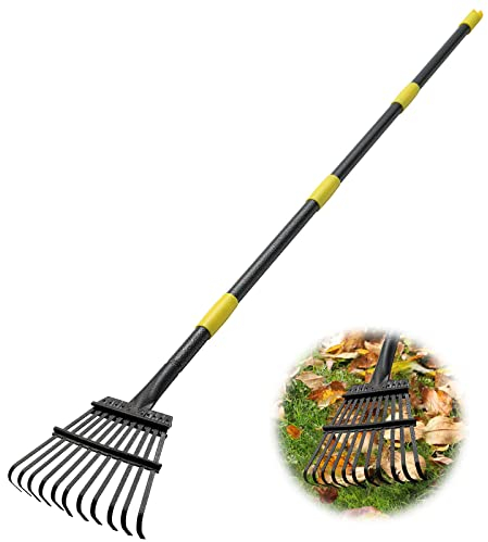 DAKEPOLE Rastrello da giardino, 180 cm, stabile, 11 denti in metallo, larghezza 21 cm, manico in acciaio regolabile, per la raccolta di detriti sotto aiuole, piante delicate, prato, cortili