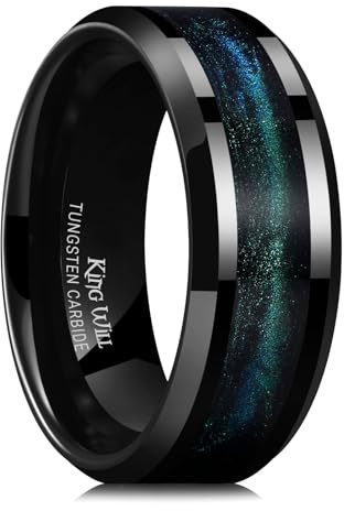 King Will 8mm Black and Blue Green Wedding Band for Men, Beveled Polished Edge Turquoise Sand Inlay Tungsten Carbide Rings, Comfort Fit, Size 9