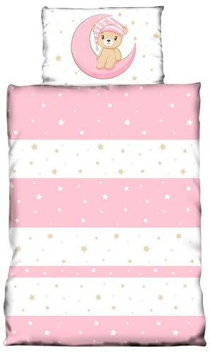 one-home Kinder Baby Bettwäsche 100x135 cm + 40x60 cm Teddy Bären Sterne Mond für Jungen und Mädchen weiche Mikrofaser Kinderbettwäsche Set, Farbe:rosa