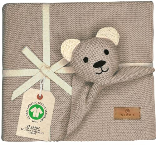 DIKOS® Original Babydecke SCHMUSE-Bär (beige braun) – Premium 2-in-1 Neugeborenen Schmusedecke & Kuscheltier – aus weicher gestrickter Bio-Baumwolle (GOTS/Oeko-TEX) – schönes Babygeschenk zur Geburt
