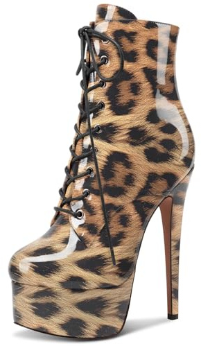NobleOnly Donna Spillo Alto High Piattaforma Tacco Heel Rotonda Punta Lacci Cerniera Ballo Stivaletti 15 CM Heels Leopardo Marrone 39 EU