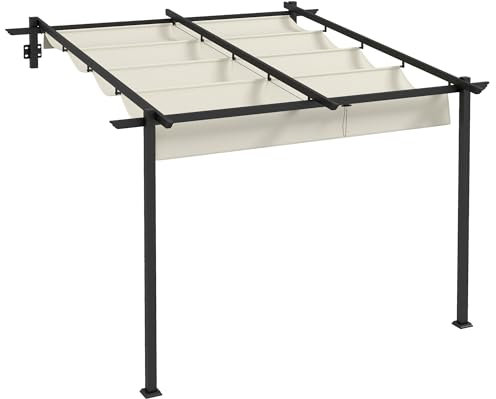 Outsunny Pérgola de Pared 3x3 m Cenador de Jardín con Techo Retráctil de Poliéster y Marco de Acero para Celebraciones Fiestas Bodas Crema y Gris Oscuro