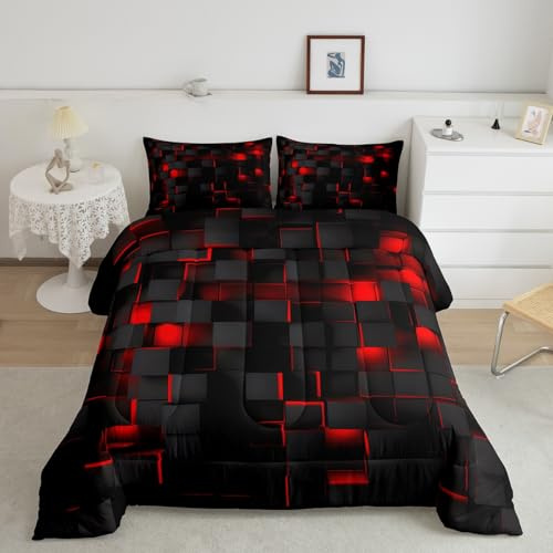 Feelyou Red and Black Bedding Set Full Size Light Geometric Comforter Set for Kids Boys Girls Decor Comforter Modern Duvet Set