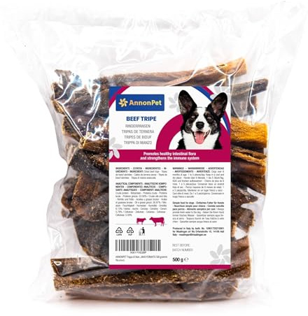 AnnonPet® Trippa di Manzo Essiccata Secca Snack per Cani naturale ricca di Proteine. Benefici per intestino Masticativi per cani MAXI FORMATO 500 grammi