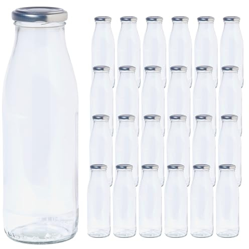 Vitrea 24 leere Glasflaschen 500ml Schraubverschluss Silber - Milchflaschen, Saftflaschen, Flaschen zum Befüllen mit Deckel - für Milch, Saft, Smoothies, Öl - 24 Stück, TO48, Milch