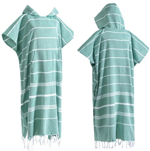 1pcs Turkish Towel Poncho Turkish Cotton Surf Poncho Changing Towels Swim Robe with Pocket Swim Cover Up Wearable Towel Hooded Beach Towel for Adult Man Women Beach Pool (Green, L)