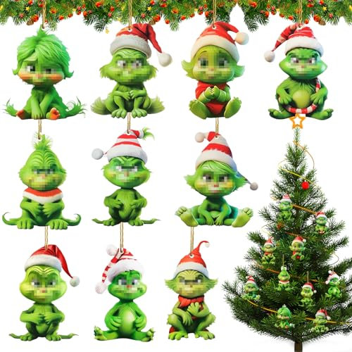 10 Piezas G-Rinch Decoracion Navidad Adorno Colgante para árbol de Navidad Divertida decoración de Navidad de Grin-ch de Resina Verde para el hogar para Hogar Ambientación Festiva