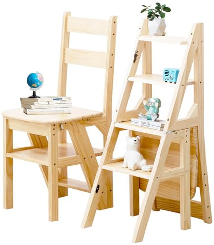 Sgabello a Scala Pieghevole 3-in-1 in Legno Massello, Sgabello Convertibile e Supporto Espositivo, Scala Multi-funzionale a 4 Ripiani, per Casa, Cucina, Biblioteca, Capacità 150kg (Color legno)