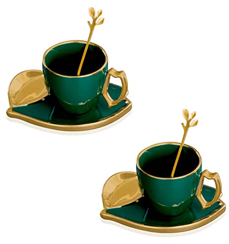 Winlauyet Ensemble de 2 tasses en porcelaine avec anse en forme de feuille, tasse à expresso avec soucoupes et cuillère – 165 ml/5,58 oz