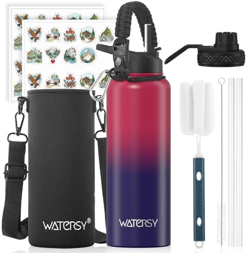 WATERSY Stainless Steel Vacuum Insulated Water Bottle 40oz, Drink Flask Metal Water Bottles 1200ml with 2 Lids Leakproof (Straw Lid and Spout Lid) Keep 48 Hours Cold Drinks for Sport, Work, Travel