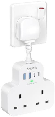 Multi Plug Extension Socket with 4 USB Ports, ANVODE 2 Way Plug Adaptor with Flexible Cable, Short Extension Lead Double Adapter Plug UK for Bedroom, Office, Kitchen. White