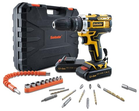 SOLUDE Cordless Drill,12V Power Drill Set with 2 Pack 3.0AH Li-ion Battery, 3/8” Keyless Chuck, 2 Variable Speed,25+1 Position and 23pcs Drill/Driver Bits