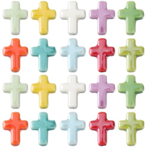 SUNNYCLUE 1 Box 40Pcs 10 Colors Colorful Cross Beads Porcelain Ceramic Beads Vintage Shine Rosary Small Easter Holiday Cross Spacers for Jewellery Making Supplies DIY Craft Necklace Bracelet Keychain