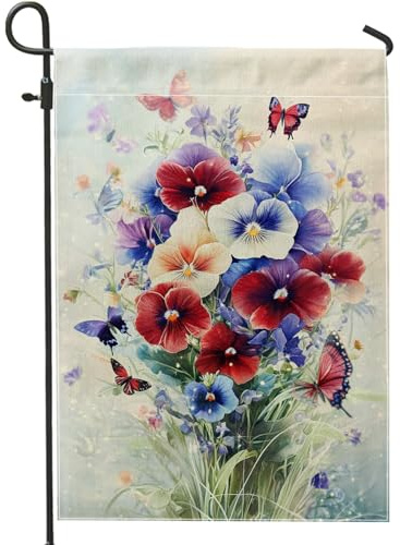 Bandera de jardín floral de primavera, flores de pensamiento vibrantes y mariposas, decoración al aire libre, pancarta de tela de doble cara, decoración de césped de temporada para el hogar y el