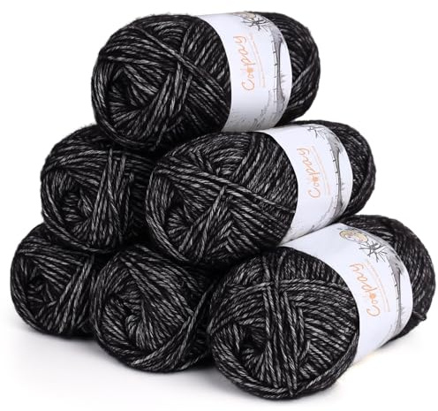 Coopay Wolle zum Häkeln, 6 x 50g Weiches Wolle zum Stricken, Flauschige Baumwolle Set Häkelgarn, Warm Babywolle aus 78% Baumwolle 22% Acryl, Premium Häkelgarn für Decken, Tasche, Puppen - Schwarz