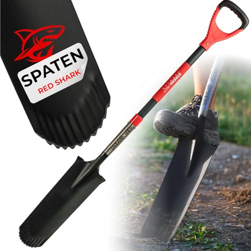 STREND PRO Spaten | Premium RedShark Gärtnerspaten | Drainagespaten mit Fiberglasstiel | D Spatenstiel | Schmal Spaten für Garten mit Stabiler Stahlkopf |für Harte, steinige Böden| Wurzelspaten