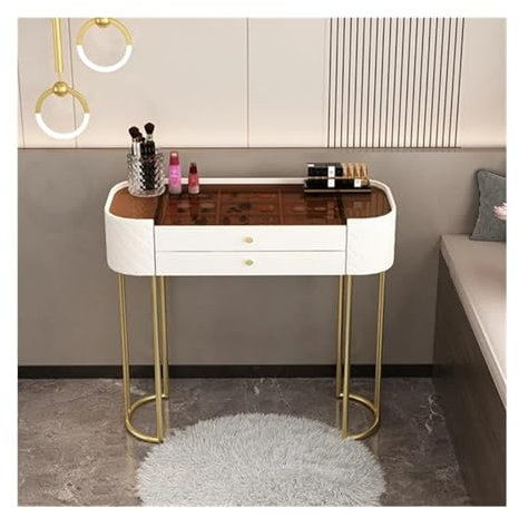 Tavolo Trucco Scrivania moderna e semplice da trucco con 2 cassetti, scrivania con piano in vetro, tavolo da trucco bianco for ufficio domestico, camera da letto Toilette con specchio(Piccolo)