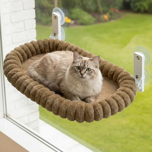 CareCooo Fönsterhängmatta för Katt, Bekväm Kattbädd med 4 Kraftfulla Sugkoppar, Vikbar och Hållbar Liggyta för Husdjur, Platsbesparande Fönsterhylla, Brun, M(52x30cm)