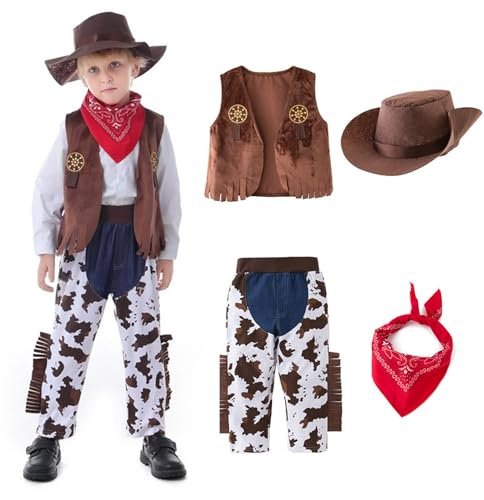 MeYuxg Costume da cowboy per bambini, con pantaloni, gilet, cappello da cowboy e sciarpa, grazioso costume da cowboy, per feste a tema, carnevale, cosplay (3-4 anni