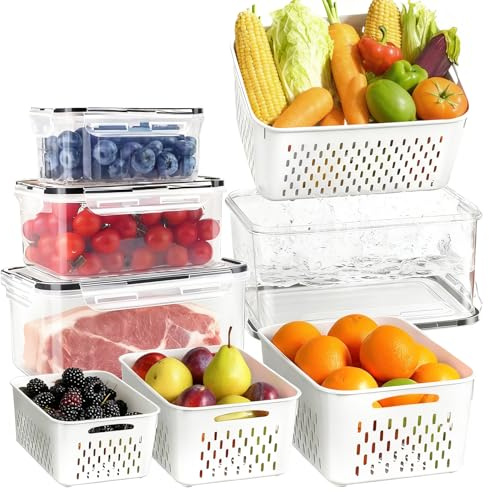 Nakelulu 7 Set Frischhaltedose for Obst & Gemüse, Aufbewahrungsboxen (2 x 0.38+2 x 0.85+2 x 1.85L+6L) mit Deckel und Siebeinsatz, BPA Frei für die Aufbewahrung in Haushalt/Küche