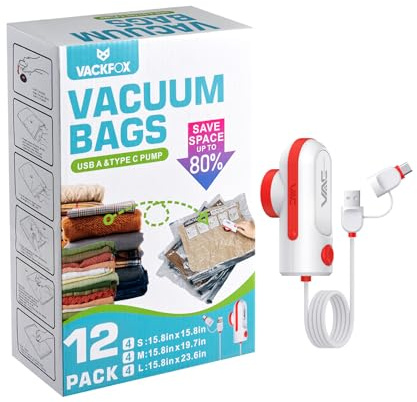 VACKFOX 12 Pack Vacuum Bags for Travel with USB & TYPE C Pump,Compression Packing Cubes for Luggage,Carry-on Space Saver Vacuum Seal Bags&Vacuum Storage Bags for Vacation(Red)