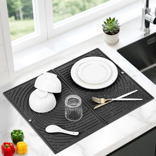Alfombrilla Escurreplatos Silicona, Grande Alfombra Secaplatos para Cocina Fregadero, Bandeja Escurridor Plegable, Antideslizante, Secado Rápido, Resistente al Calor, 51×41cm (Negro)