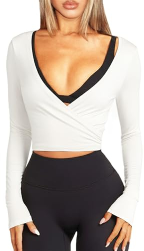 Navneet Damen Wickelshirt Sport Yoga Oberteil Langarm Eng Y2K Pilates Ballet Wrap Tops Bolero Herbst Kleidung