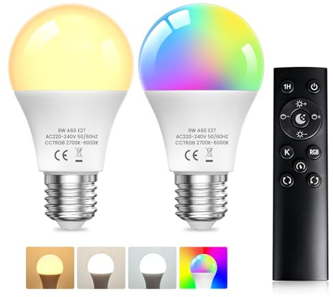 TobeBright E27 9W RGB LED-lampa med fjärrkontroll, dimbar RGB + 3 färgtemperaturer, varmvit, kall vit, dagsljus, stämningsljus för halloween party bar (2 st)