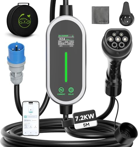 AUFYEV Cavo Ricarica Auto Elettrica Tipo 2, 7,2 kW/6-32A 5M Mobile Wallbox con App, Cavo Di Ricarica Schuko Portatile, 1-15H Funzione Timer e IP65 per EV PHEV IEC 62196-2