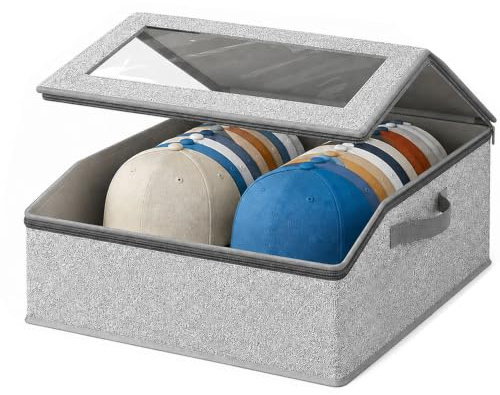 Wotendy Boîtes de Rangement pour Casquettes de Baseball, Gris | Boîte à Chapeaux Empilable et Pliable avec Fenêtre Transparentele, Capacité de 24 Casquettes, Fermeture Glissière, Poignées