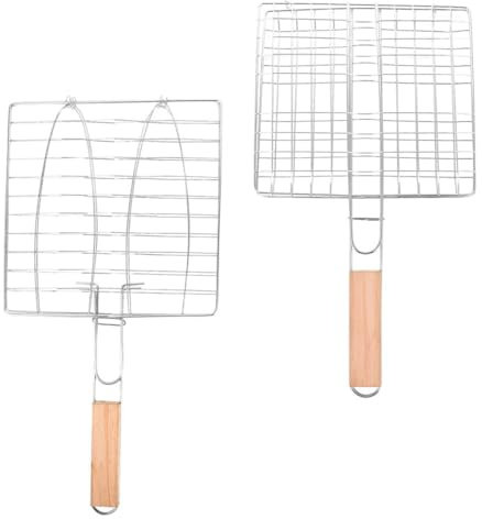 BEBEMOKO Lot de 2 Paniers à Griller en Acier Inoxydable avec Poignée en Bois, Filet Double pour Poisson et Barbecue, Grillades Extérieures, Accessoires pour Camping et Barbecue en Plein