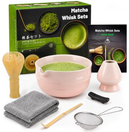 7pcs Matcha Set, Matcha Whisk Set - Matcha Whisk Plastic, Whisk Holder, Matcha Bowl, Scoop, Sifter, Absorbent Cloth - Japanese Tea Ceremony Set for Home Use or as a Gift, Gradient Pink