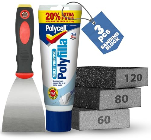 Wall Filler Repair Kit 400g Ready Mixed Fills Cracks, Nail and Screw Holes in Plasterboard, Drywall, Plaster & Wood | Scraper + 3 Wet-or-Dry Sanding Blocks (60, 80, 120 Grit, 100 x 70 x 25 mm)