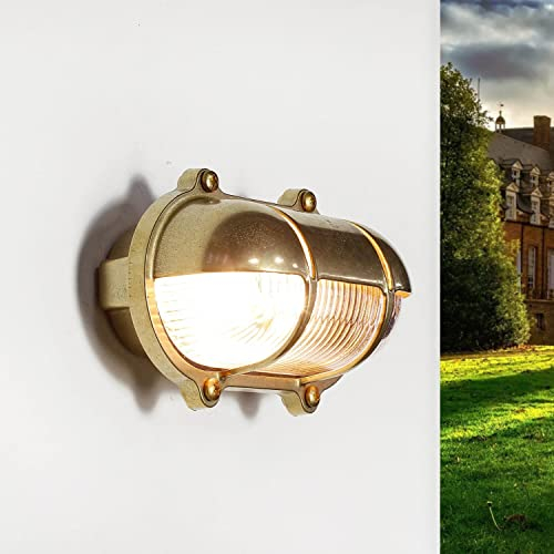 Licht-Erlebnisse Außenwandlampe Messing Glas IP64 für Terrasse Garten H:12 cm E27 Ziergitter Schiffslampe Maritime Wandleuchte Outdoor SKIATHOS