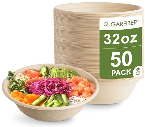 [50 COUNT]Harvest Pack PFAS FREE 32oz Paper Compostable Bowls Only, Round Heavy-Duty Eco-Friendly Disposable Bagasse Large Soup Bowls, sugarcane made for Meal Prep Takeout Dinnerware, Microwave Safe