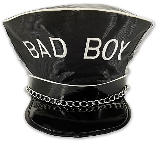 Black Shiny Bad Boy Rebel Hat Adult Fancy Dress Stag Do Costume Biker Cap | Glossy PVC finish with silver chain accent, one size fits all comfortable layout, funny novelty party accessory