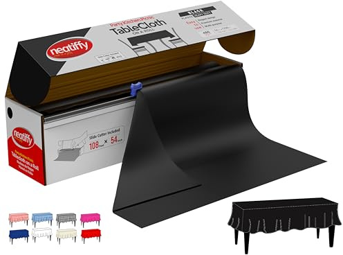 Neatiffy 137 cm x 30 m Einweg-Tischdecke aus Kunststoff, für Party/Bankett, Tischdecken für rechteckige/runde/quadratische Tische, entspricht 12 Picknick-Packungen (schwarz)
